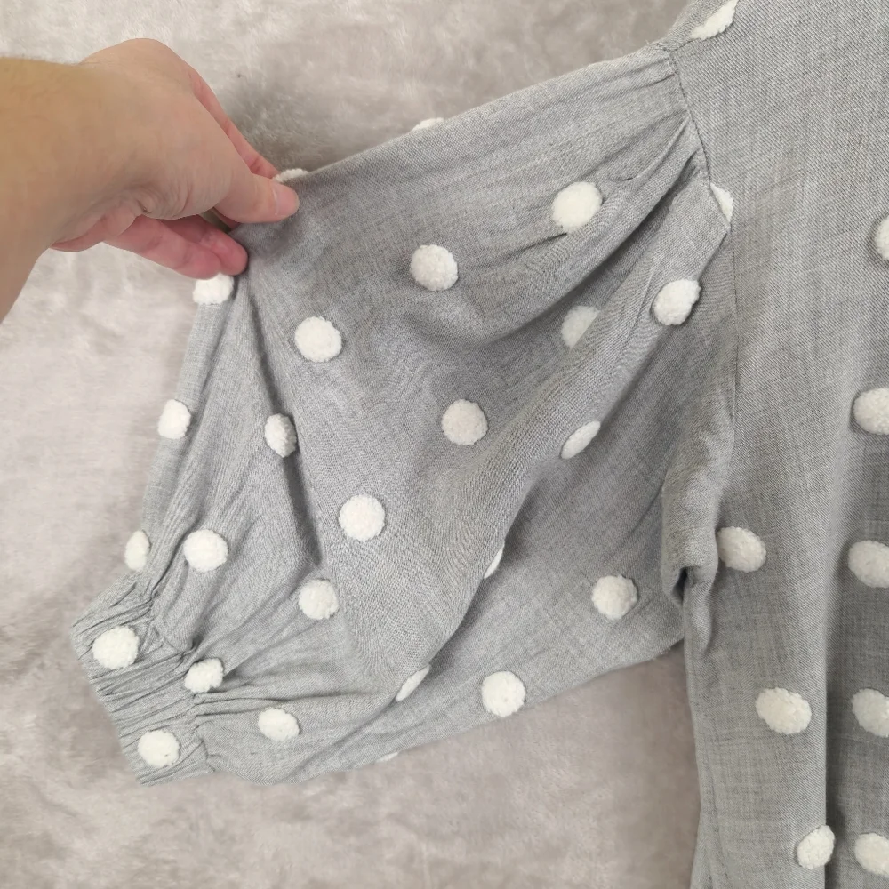 Zara Blouse Top Women's Size S Gray Pompom Details 7/8 Sleeves Office Casual - Picture 4 of 8